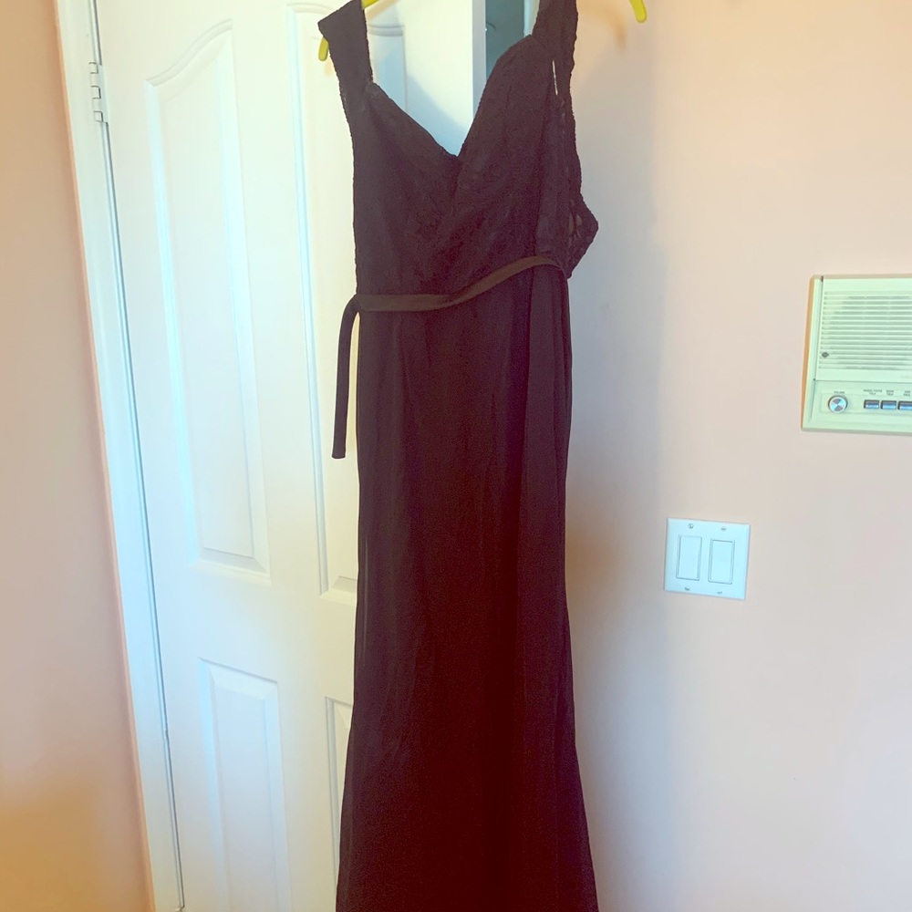 Long black off the shoulder dress with belt